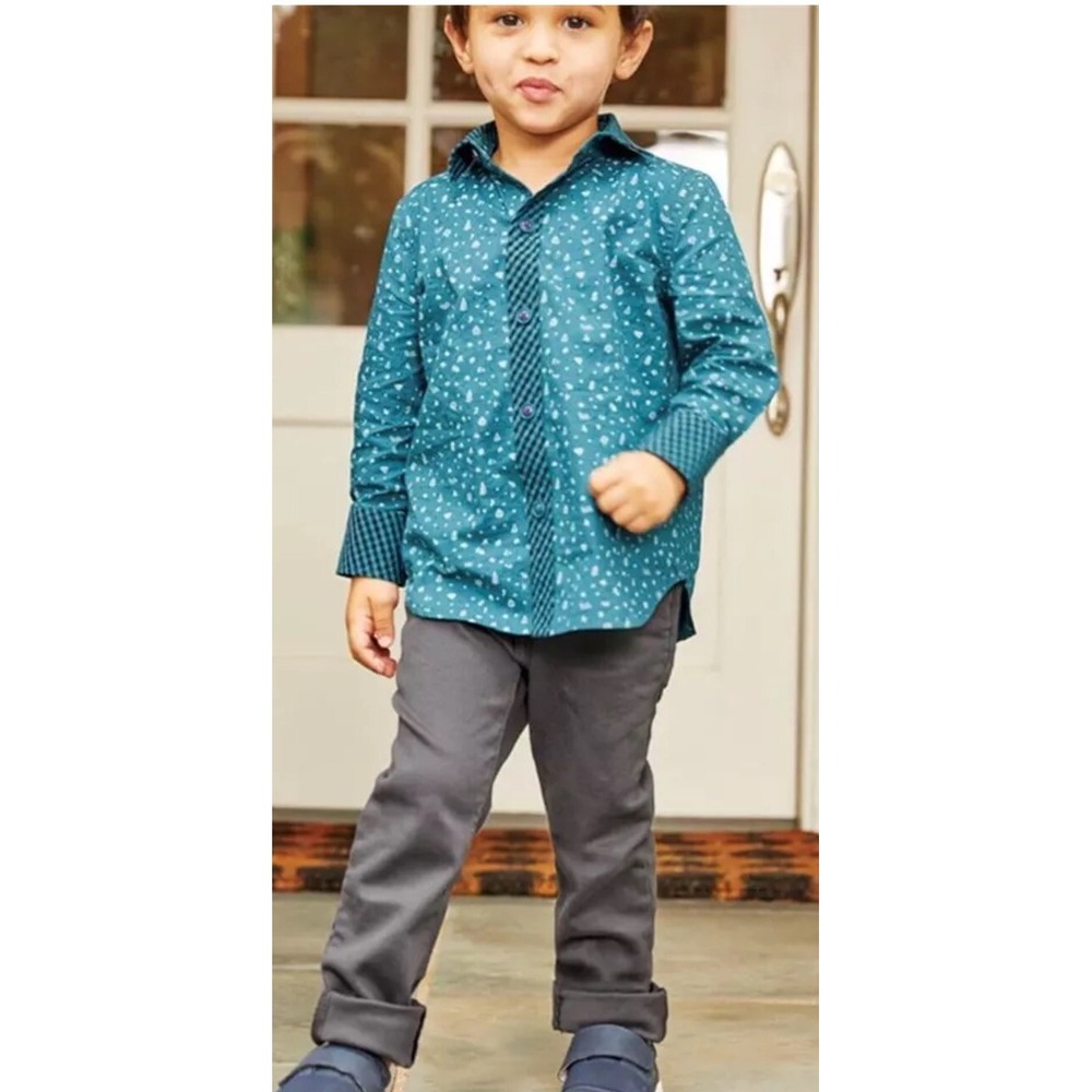 Matilda Jane JACK FROST Shirt 4 Turquoise Button Down Boys Holiday Print‎ New